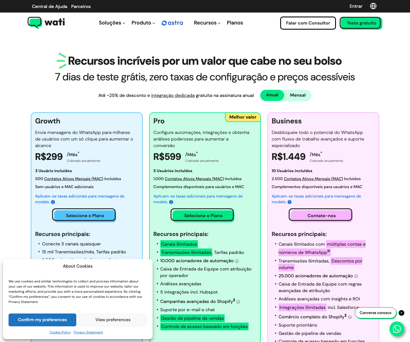 Página de preços do WATI, verificada em julho de 2026